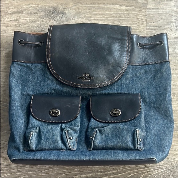Coach Black Leather and Blue Denim Backpack - Picture 1 of 9